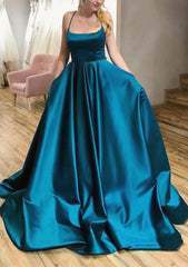 Party Dress Sleeves, Ball Gown A-line Square Neckline Spaghetti Straps Sweep Train Satin Prom Dress With Pleated Pockets