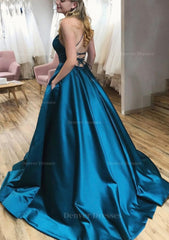Party Dresses Sleeves, Ball Gown A-line Square Neckline Spaghetti Straps Sweep Train Satin Prom Dress With Pleated Pockets