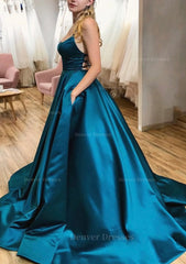 Party Dress Sleeve, Ball Gown A-line Square Neckline Spaghetti Straps Sweep Train Satin Prom Dress With Pleated Pockets