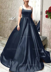 Party Dress With Sleeves, Ball Gown A-line Square Neckline Spaghetti Straps Sweep Train Satin Prom Dress With Pleated Pockets