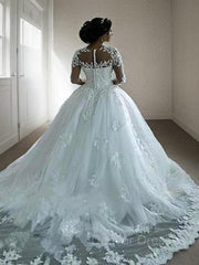 Wedding Dresses Rustic, Ball Gown Bateau Court Train Tulle Wedding Dresses With Appliques Lace
