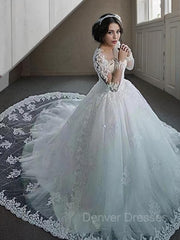 Wedding Dress Boutiques, Ball Gown Bateau Court Train Tulle Wedding Dresses With Appliques Lace