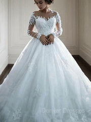 Wedding Dresses On A Budget, Ball Gown Bateau Court Train Tulle Wedding Dresses With Appliques Lace