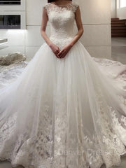 Wedding Dress Romantic, Ball Gown Bateau Court Train Tulle Wedding Dresses With Appliques Lace