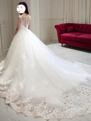 Wedding Dress Under, Ball Gown Bateau Court Train Tulle Wedding Dresses With Appliques Lace