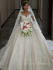 Wedding Dress For Bride, Ball Gown Bateau Sweep Train Satin Wedding Dresses With Appliques Lace