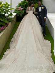 Wedding Dresses For Bride, Ball Gown Bateau Sweep Train Satin Wedding Dresses With Appliques Lace