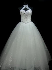 Wedding Dresse Unique, Ball-Gown Halter Beading Floor-Length Tulle Wedding Dress
