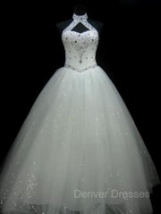 Wedding Dresses Costs, Ball Gown Halter Floor-Length Tulle Wedding Dresses With Beading