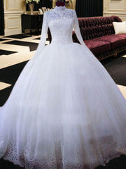Weddings Dresses Near Me, Ball-Gown High Neck Long Sleeves Lace Chapel Train Tulle Wedding Dress