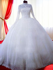 Wedding Dresses Princess, Ball-Gown High Neck Long Sleeves Lace Chapel Train Tulle Wedding Dress