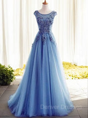 Homecoming Dresses For Girl, Ball Gown Jewel Sweep Train Tulle Evening Dresses With Appliques Lace