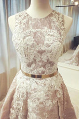 Long Dress Outfit, Gorgeous Round Neck Sleeveless Lace Prom Dresses Sweep Train with Appliques