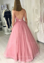 Prom Dresses With Sleeve, Ball Gown Long/Floor-Length Sparkling Tulle Prom Dress With Pleated