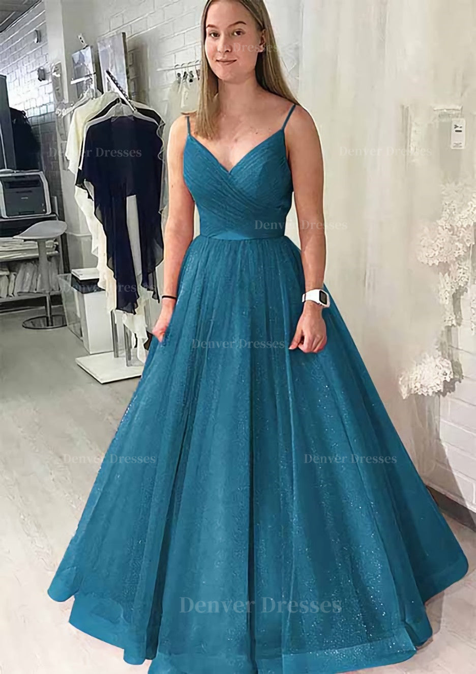 Prom Dress With Sleeve, Ball Gown Long/Floor-Length Sparkling Tulle Prom Dress With Pleated