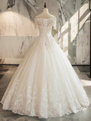 Wedding Dresses Open Back, Ball-Gown Off-the-Shoulder 1/2 Sleeves Appliques Lace Floor-Length Tulle Wedding Dress