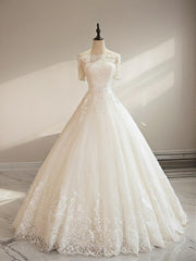 Wedding Dressing Gown, Ball-Gown Off-the-Shoulder 1/2 Sleeves Appliques Lace Floor-Length Tulle Wedding Dress