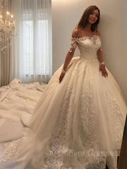 Wedding Dress For Big Bust, Ball Gown Off-the-Shoulder Cathedral Train Tulle Wedding Dresses With Appliques Lace
