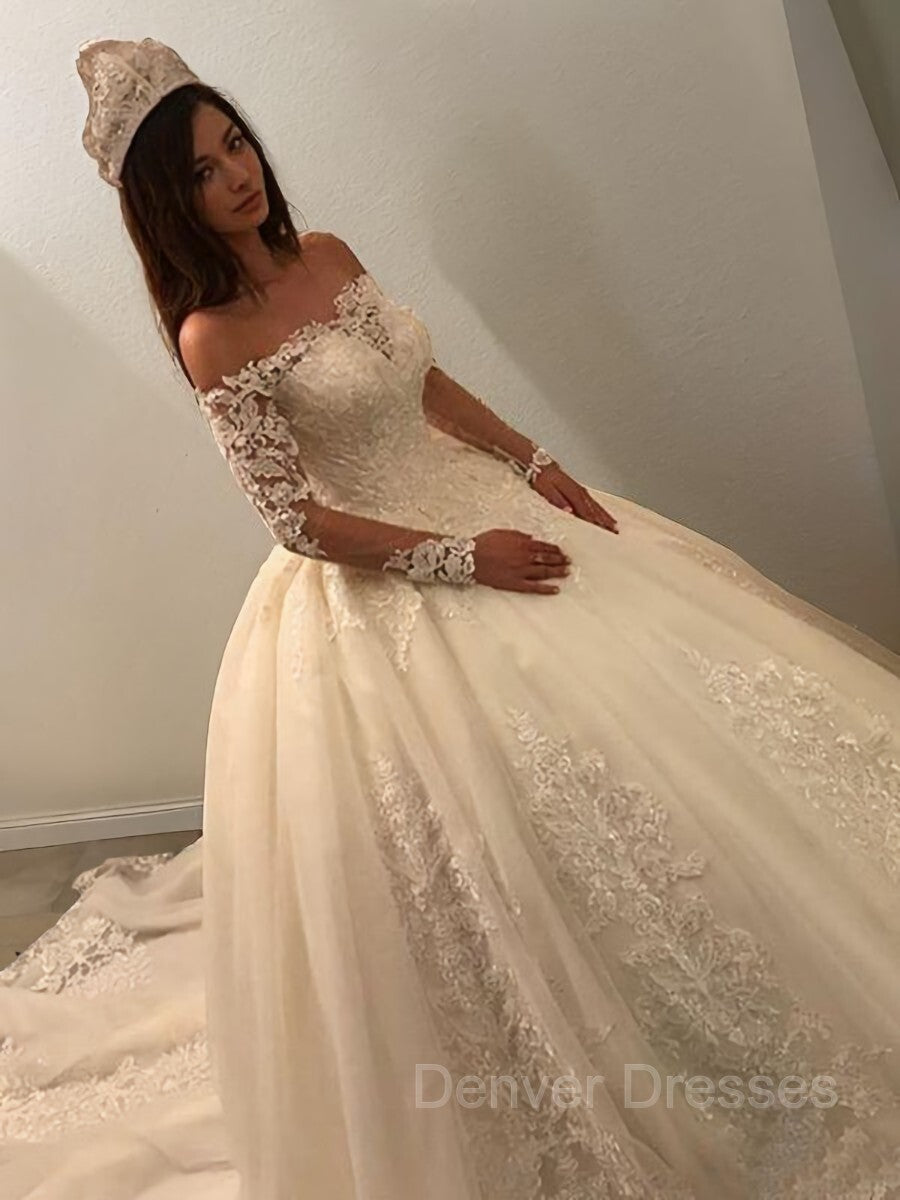 Wedding Dresses For Big Bust, Ball Gown Off-the-Shoulder Cathedral Train Tulle Wedding Dresses With Appliques Lace