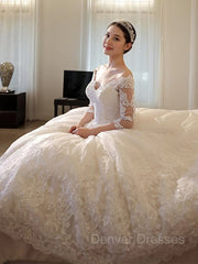 Wedding Dress Styles, Ball Gown Off-the-Shoulder Cathedral Train Tulle Wedding Dresses With Beading