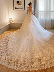 Wedding Dress Ideas, Ball Gown Off-the-Shoulder Cathedral Train Tulle Wedding Dresses With Beading