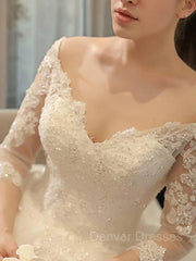 Wedding Dresses Lace, Ball Gown Off-the-Shoulder Cathedral Train Tulle Wedding Dresses With Beading