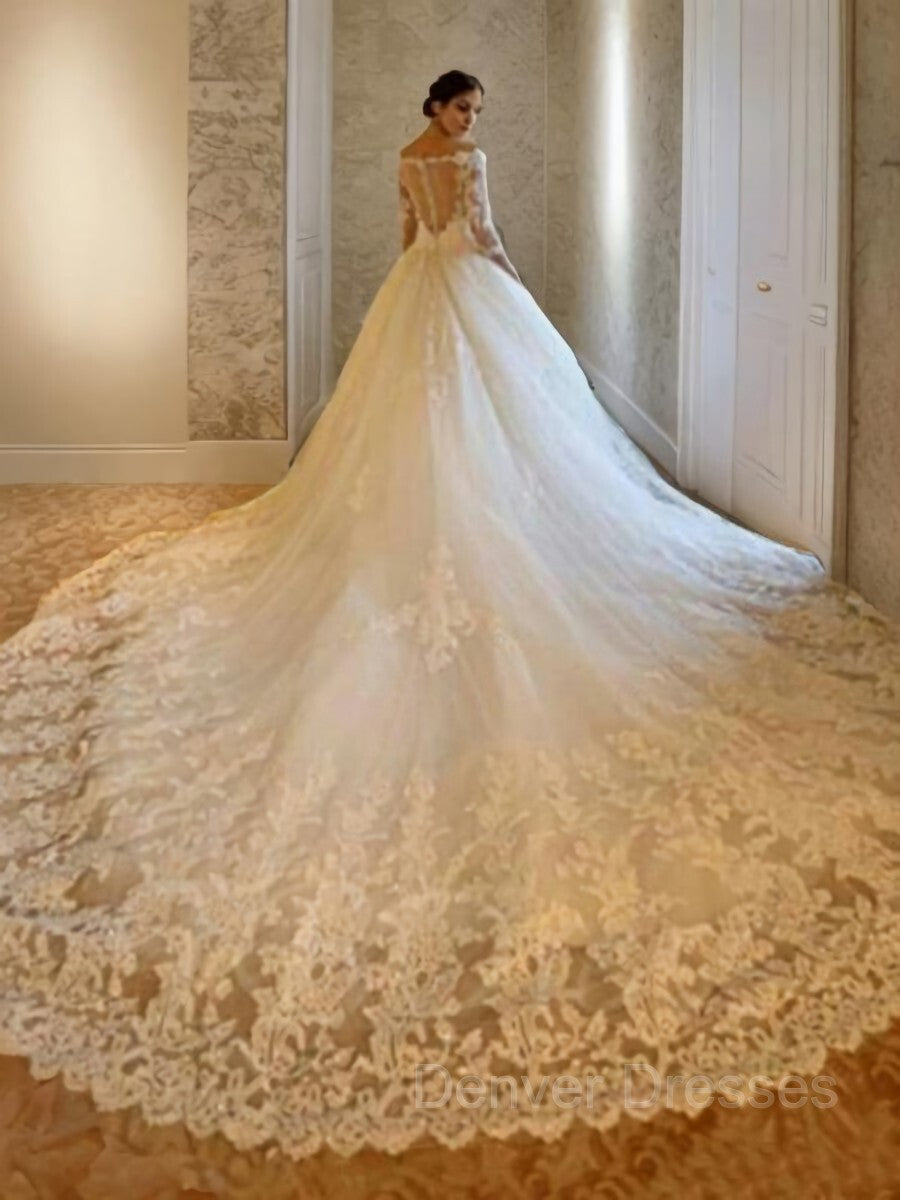 Wedding Dresses Vintage, Ball Gown Off-the-Shoulder Cathedral Train Tulle Wedding Dresses With Beading