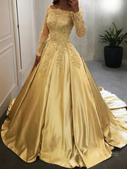 Evening Dresses For Party, Ball Gown Off-the-Shoulder Floor-Length Satin Prom Dresses With Appliques Lace