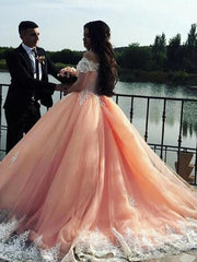 Prom Dress Pieces, Ball Gown Off-the-Shoulder Court Train Tulle Prom Dresses With Appliques Lace