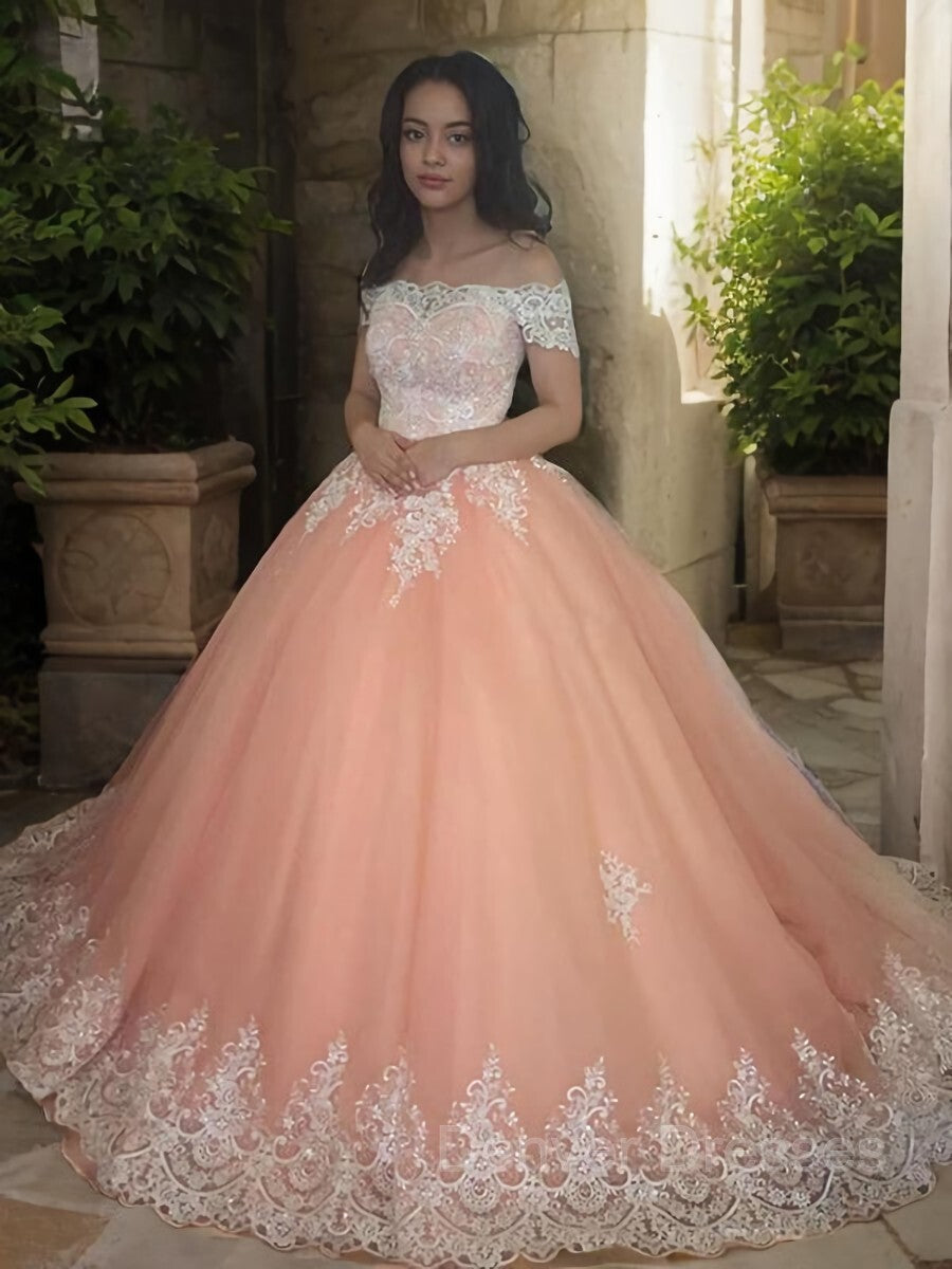 Prom Dresses Piece, Ball Gown Off-the-Shoulder Court Train Tulle Prom Dresses With Appliques Lace