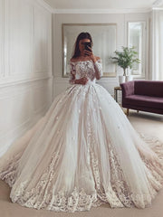 Wedding Dress Beach, Ball Gown Off-the-Shoulder Chapel Train Tulle Wedding Dresses With Appliques Lace