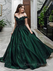 Evening Dresses Prom Long, Ball Gown Off-the-Shoulder Floor-Length Satin Prom Dresses With Appliques Lace