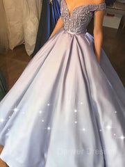Prom Dresses Open Back, Ball Gown Off-the-Shoulder Floor-Length Satin Prom Dresses With Beading