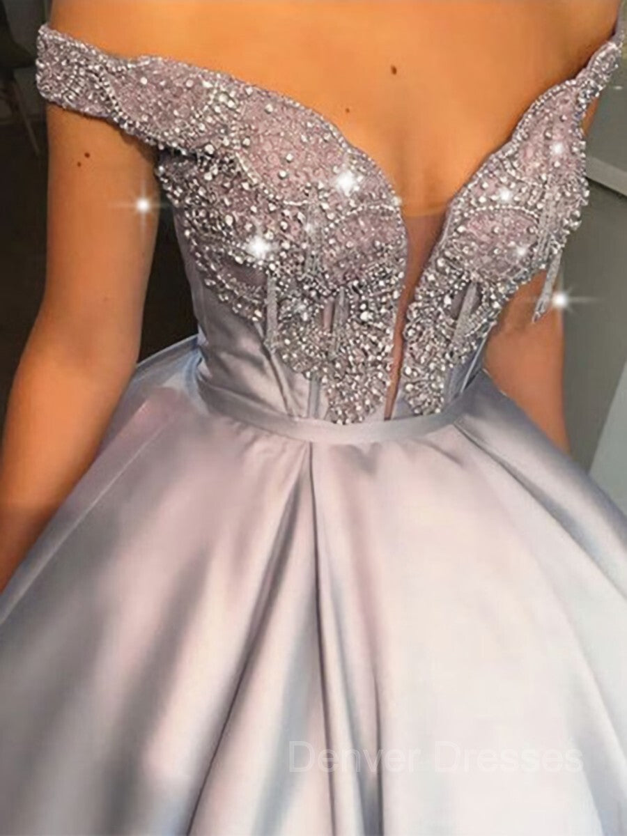 Prom Dress 2036, Ball Gown Off-the-Shoulder Floor-Length Satin Prom Dresses With Beading