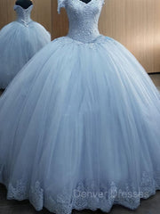 Party Dress Fashion, Ball Gown Off-the-Shoulder Floor-Length Tulle Prom Dresses With Appliques Lace