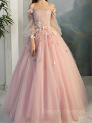 Prom Dressed Long, Ball Gown Off-the-Shoulder Floor-Length Tulle Prom Dresses With Flower