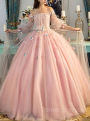 Prom Dresses Shop, Ball Gown Off-the-Shoulder Floor-Length Tulle Prom Dresses With Flower