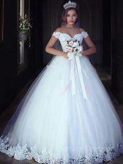 Wedding Dresses Simple Lace, Ball Gown Off-the-Shoulder Floor-Length Tulle Wedding Dresses