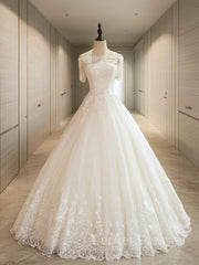 Wedding Dresses Fitted, Ball Gown Off-the-Shoulder Floor-Length Tulle Wedding Dresses With Appliques Lace