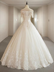 Wedding Dress Fits, Ball Gown Off-the-Shoulder Floor-Length Tulle Wedding Dresses With Appliques Lace