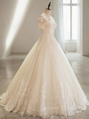 Wedding Dresses Classis, Ball Gown Off-the-Shoulder Floor-Length Tulle Wedding Dresses With Appliques Lace