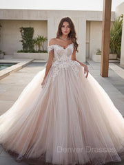 Wedding Dresses With Sleeves, Ball Gown Off-the-Shoulder Floor-Length Tulle Wedding Dresses With Appliques Lace