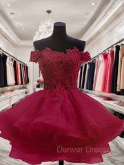 Prom Dresses Black Girl, Ball Gown Off-the-Shoulder Short/Mini Organza Homecoming Dresses With Appliques Lace