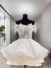 Prom Dresses Black Girls, Ball Gown Off-the-Shoulder Short/Mini Organza Homecoming Dresses With Appliques Lace