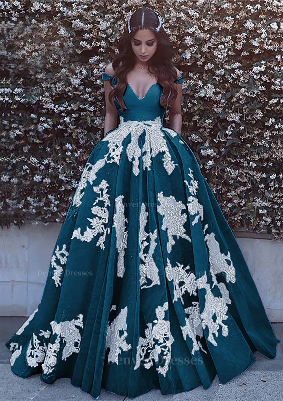 Prom Dress Floral, Ball Gown Off-the-Shoulder Sleeveless Court Train Tulle Prom Dress With Pleated Appliqued