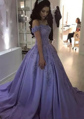 Evening Dress For Wedding, Ball Gown Off-the-Shoulder Sleeveless Sweep Train Satin Prom Dress With Appliqued Beading