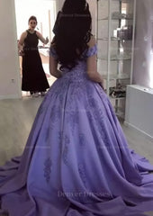 Evening Dresses For Wedding, Ball Gown Off-the-Shoulder Sleeveless Sweep Train Satin Prom Dress With Appliqued Beading