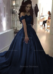 Evening Dresses 90039, Ball Gown Off-the-Shoulder Sleeveless Sweep Train Satin Prom Dress With Appliqued Beading