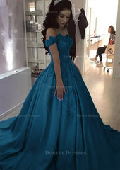 Evening Dress Wholesale, Ball Gown Off-the-Shoulder Sleeveless Sweep Train Satin Prom Dress With Appliqued Beading