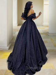 Bridesmaid Dresses Modest, Ball Gown Off-the-Shoulder Sweep Train Prom Dresses With Ruffles